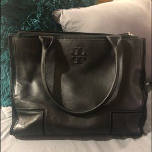Tory Burch  black leather canvas tote.